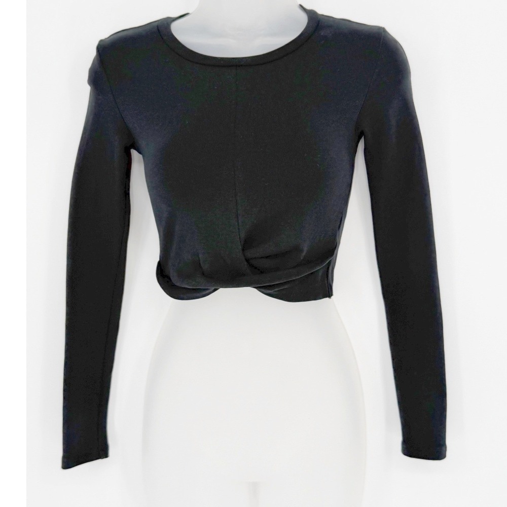 Zara Black Ribbed Twist Front Crop Top Long Sleeve Crew Neck S Preppy 101-15 - Picture 8 of 11
